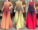 Women's Fashion Pleated Gradient Color Sleeveless Chic Loose Tops Wide-Leg Pants Set
