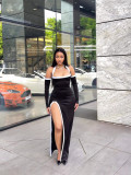 Summer Fashion White Contrast Color High-Slit Halter Neck Dress