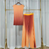 Women's Fashion Pleated Gradient Color Sleeveless Chic Loose Tops Wide-Leg Pants Set