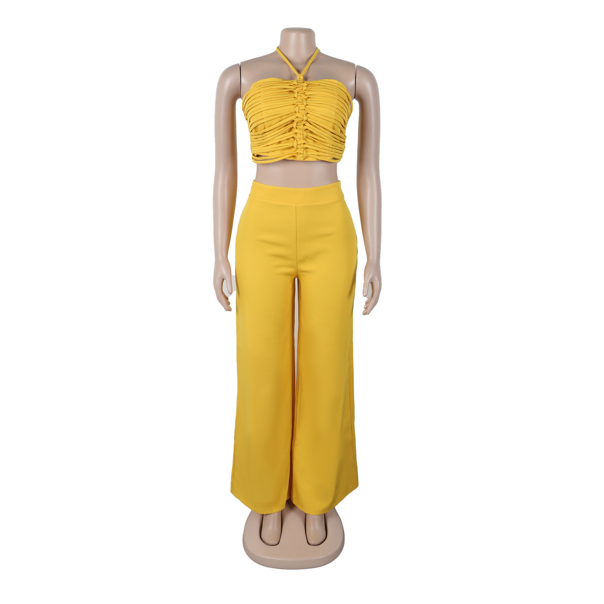 Halter Drawstring Top High-Waist Side-Zipper Loose Pants Two-Piece Set