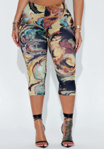 Women's Spring/Summer Print Elastic High-Waist Tight Slim Seven-Point Casual Pants