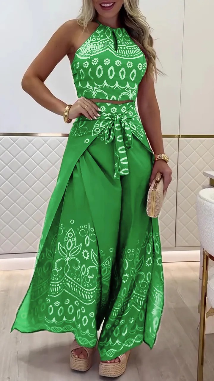 Spring/Summer Retro Ethnic Style Halter Neck Top Wide-Leg Pants Two Piece Set