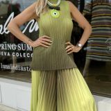 Women's Fashion Pleated Gradient Color Sleeveless Chic Loose Tops Wide-Leg Pants Set