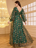 Women's Dubai-Style Front/Back V-Neck Lantern Long Sleeve Embroidered Sequin Evening Dress