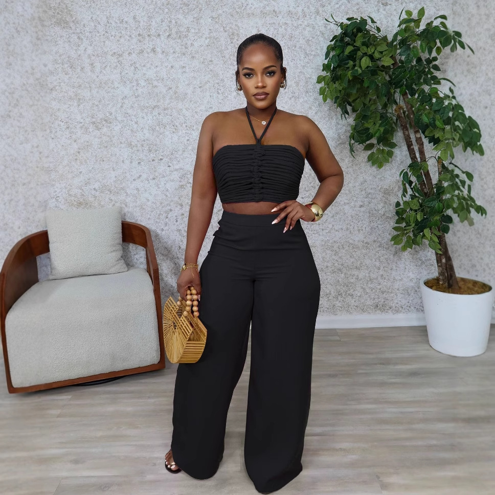 Halter Drawstring Top High-Waist Side-Zipper Loose Pants Two-Piece Set