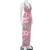 Women's Chic Flower Leopard Print V-neck Low Back Slim Long Dress