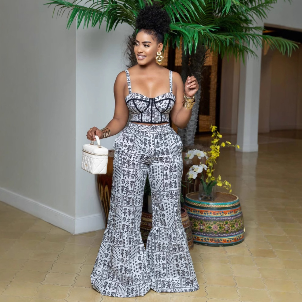 Women's Fashion Black/White Print Strap Top High-Waist Bell Bottom Pants Two-Piece Set