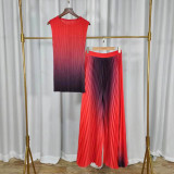 Women's Fashion Pleated Gradient Color Sleeveless Chic Loose Tops Wide-Leg Pants Set