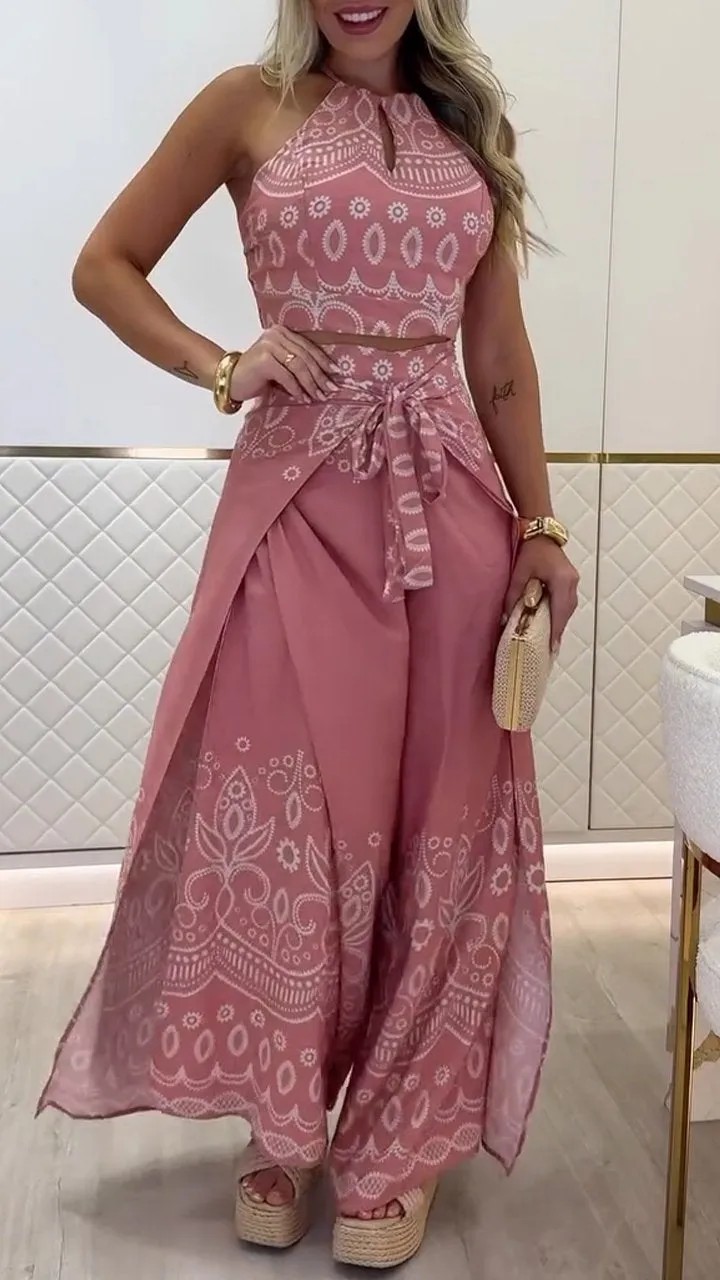 Spring/Summer Retro Ethnic Style Halter Neck Top Wide-Leg Pants Two Piece Set