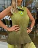 Women's Fashion Pleated Gradient Color Sleeveless Chic Loose Tops Wide-Leg Pants Set