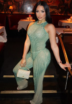 Women's Slim Geometric Pattern Print Round Neck Sleeveless Bodysuit Wide-Leg Pants Two Piece Set