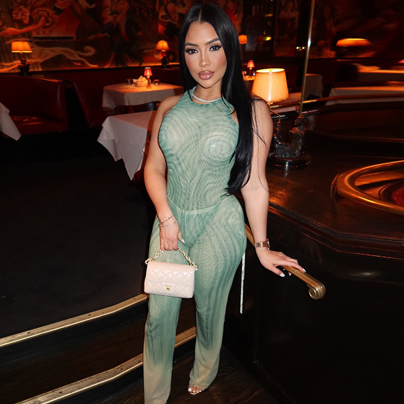 Women's Slim Geometric Pattern Print Round Neck Sleeveless Bodysuit Wide-Leg Pants Two Piece Set