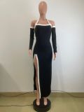 Summer Fashion White Contrast Color High-Slit Halter Neck Dress