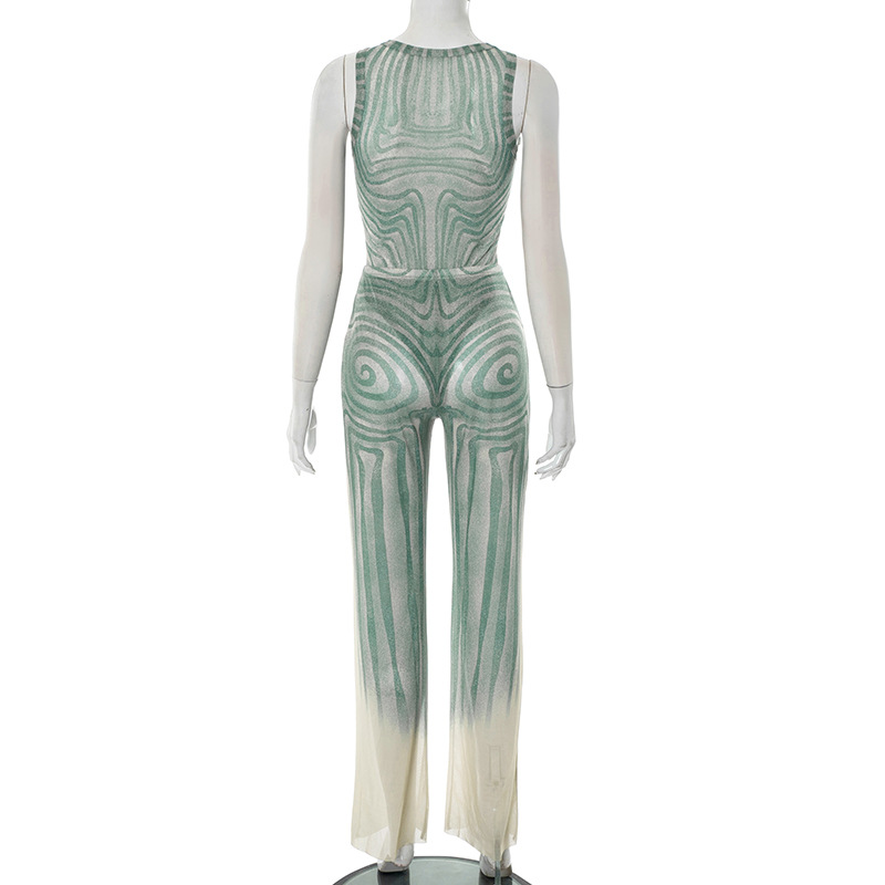 Women's Slim Geometric Pattern Print Round Neck Sleeveless Bodysuit Wide-Leg Pants Two Piece Set