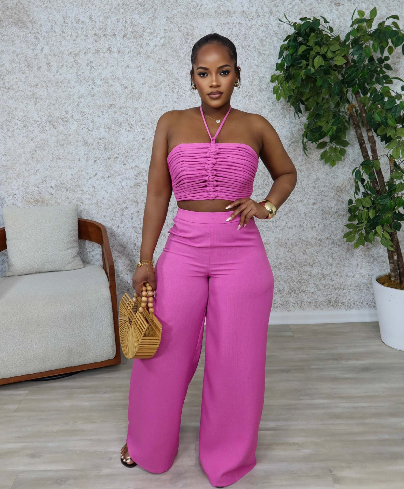 Halter Drawstring Top High-Waist Side-Zipper Loose Pants Two-Piece Set