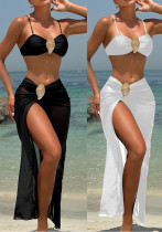 Solid Color Metal Oyster Buckle Three-Piece Bikini Swimsuit