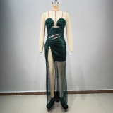 Sexy Strapless Sequin Split Mesh Slim Evening Dress