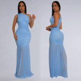 Women Slash Shoulder Sexy See-Through Solid Dress