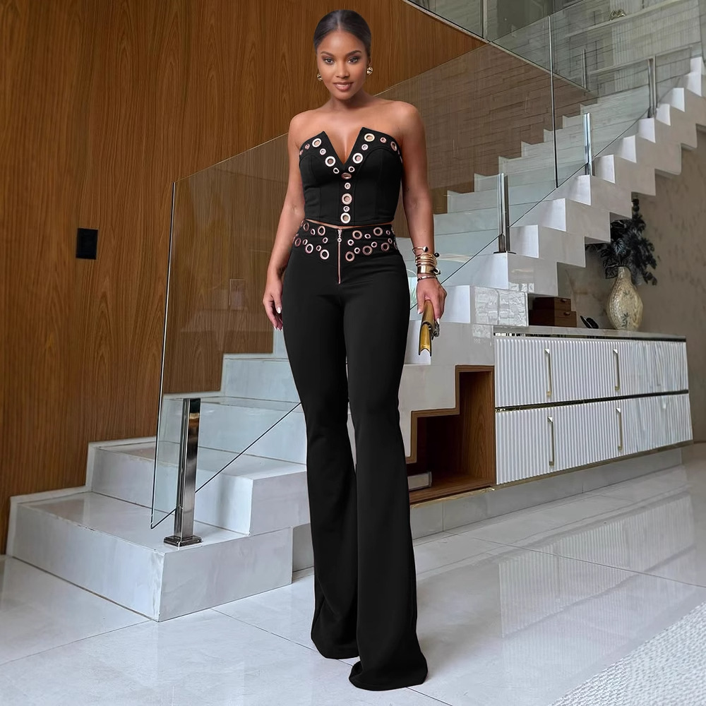 Women elegant elastic metal buckle decorated V-neck Top and Pants two-piece set