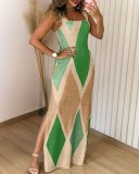 Women summer sleeveless contrast color sexy slit dress
