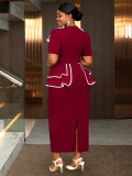 Plus Size Women V-neck ruffled contrast color short sleeve bodycon dress