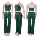 Women elegant elastic metal buckle decorated V-neck Top and Pants two-piece set