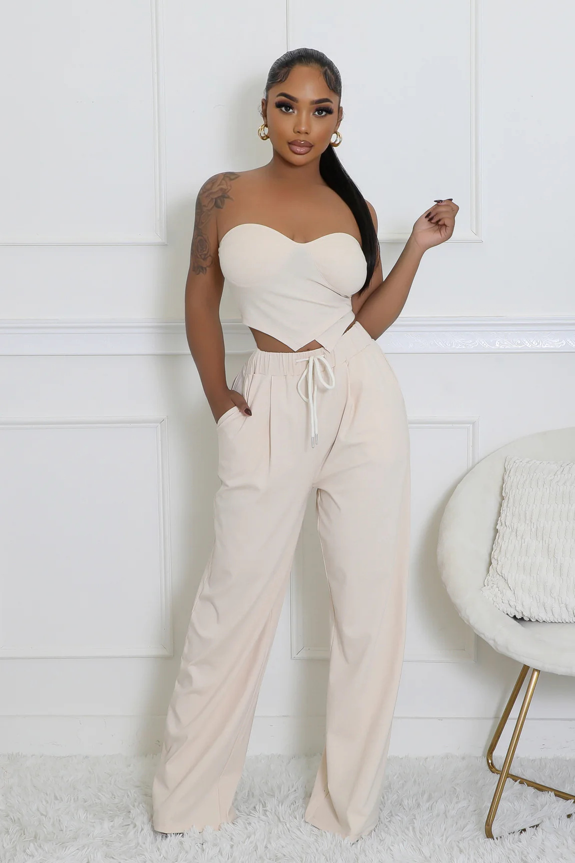 Women heart-shaped Strapless Top and Casual trousers two-piece set