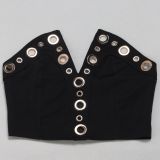 Women elegant elastic metal buckle decorated V-neck Top and Pants two-piece set