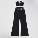Women elegant elastic metal buckle decorated V-neck Top and Pants two-piece set