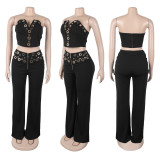 Women elegant elastic metal buckle decorated V-neck Top and Pants two-piece set