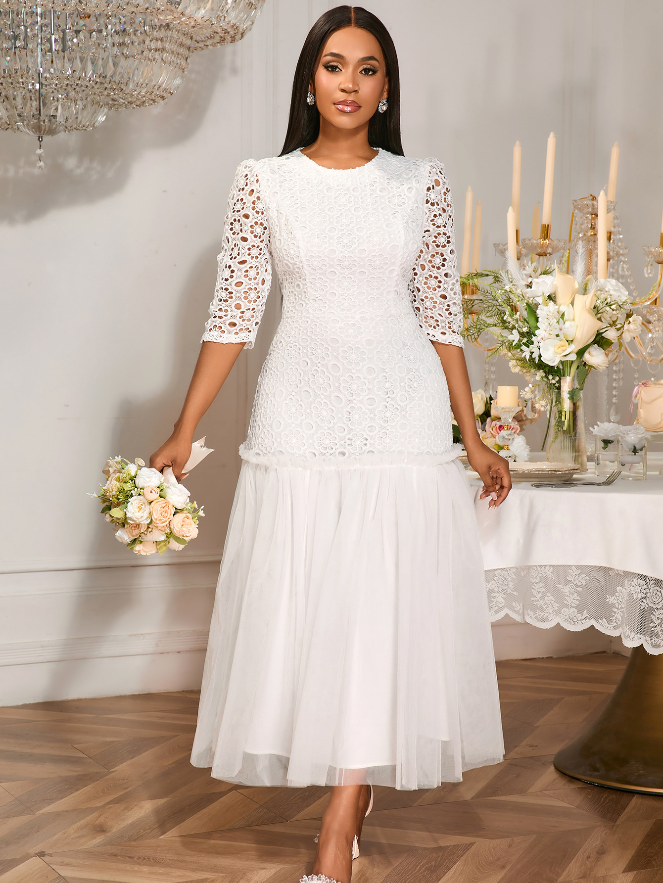 Women Party Round Neck Lace Wedding Reception Patchwork Fishtail Dresses