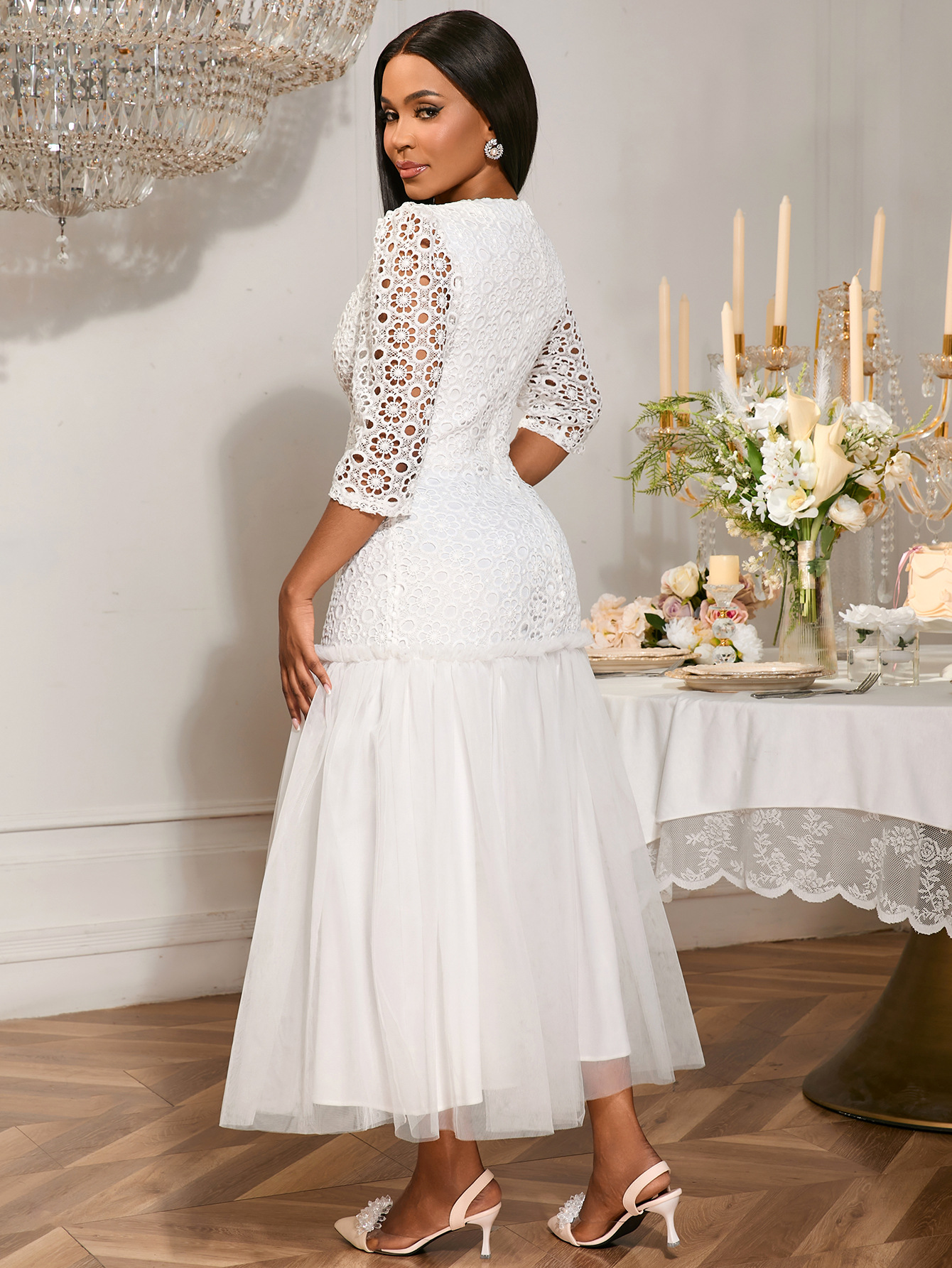 Women Party Round Neck Lace Wedding Reception Patchwork Fishtail Dresses