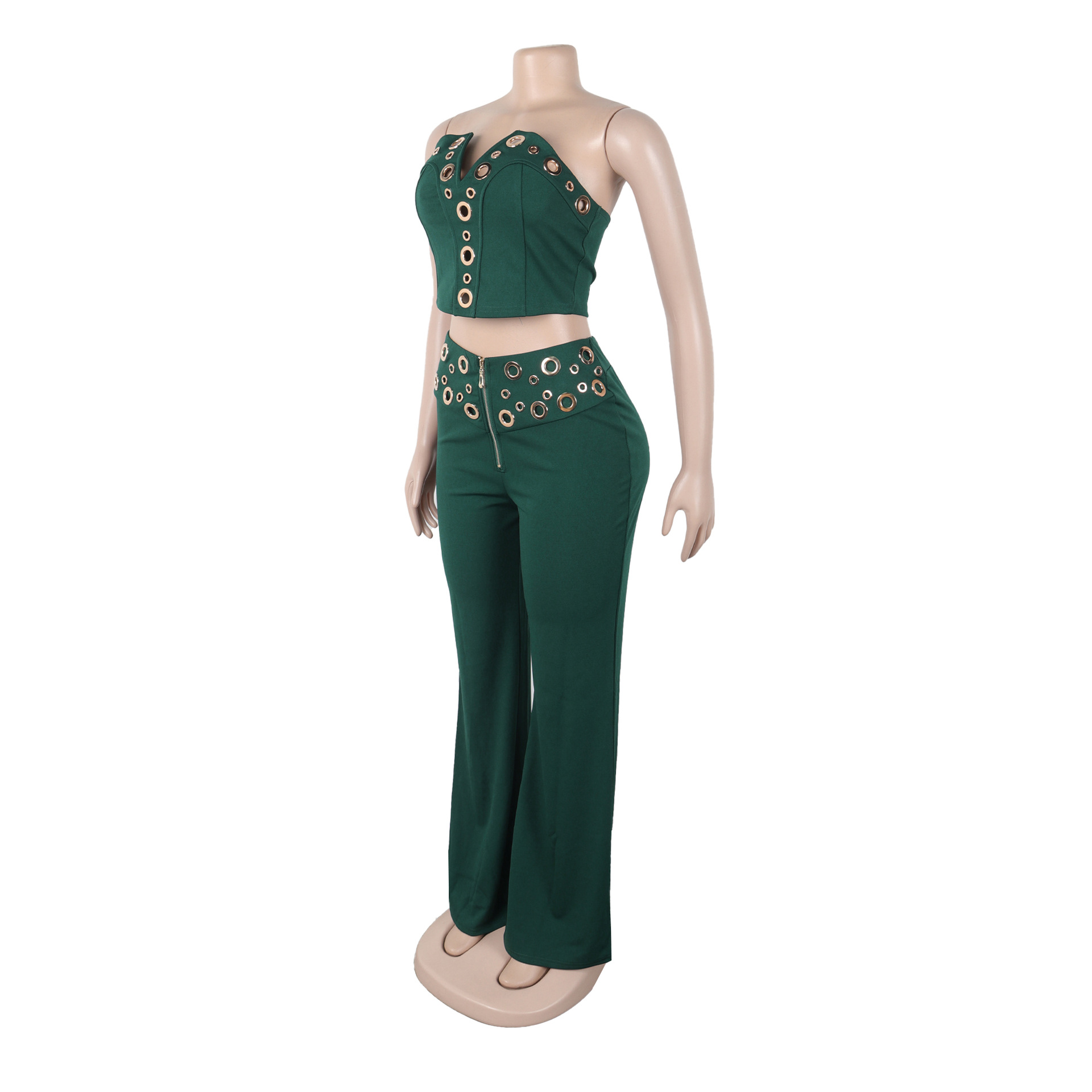 Women elegant elastic metal buckle decorated V-neck Top and Pants two-piece set