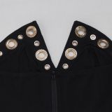 Women elegant elastic metal buckle decorated V-neck Top and Pants two-piece set