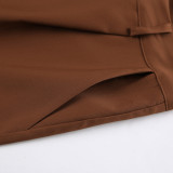 Women Brown Sleeveless Suspender V-Neck Slit Tank Top Long Pants Two-piece Set