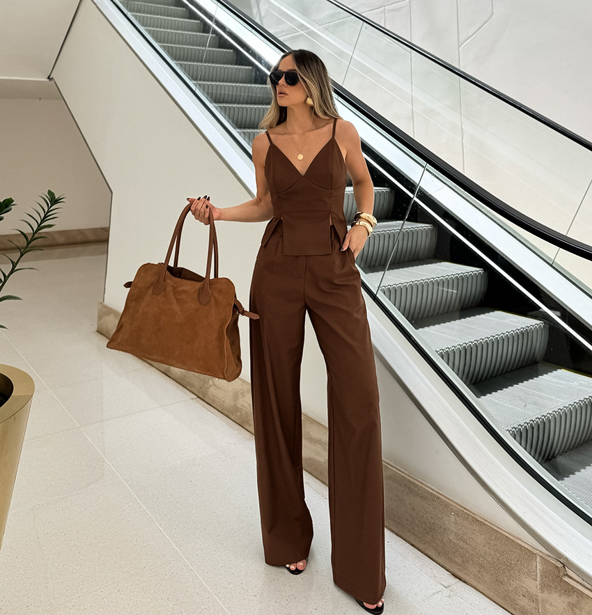 Women Brown Sleeveless Suspender V-Neck Slit Tank Top Long Pants Two-piece Set