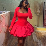 Women summer square neck solid long-sleeved flower bud dress