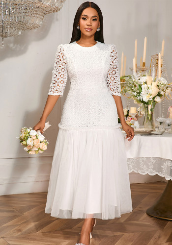 Women Party Round Neck Lace Wedding Reception Patchwork Fishtail Dresses