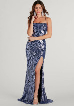 Women sequin sexy suspenders Backless slit evening dress