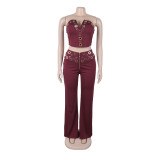 Women elegant elastic metal buckle decorated V-neck Top and Pants two-piece set