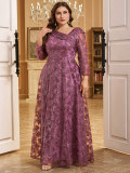 V-Neck PurpleMesh Sequin Embroidery Elegant Evening Dress