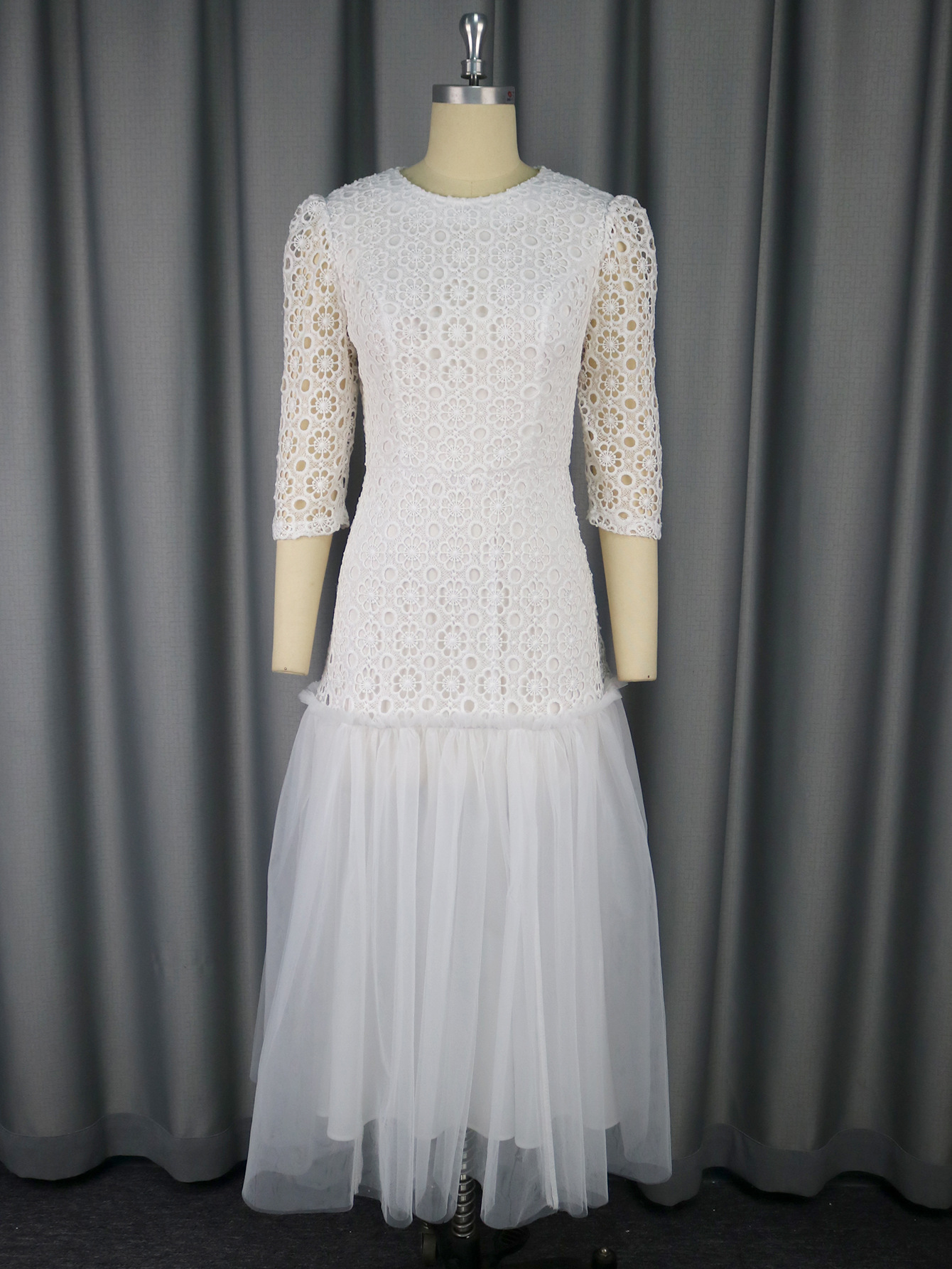 Women Party Round Neck Lace Wedding Reception Patchwork Fishtail Dresses