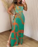 Women summer sleeveless contrast color sexy slit dress