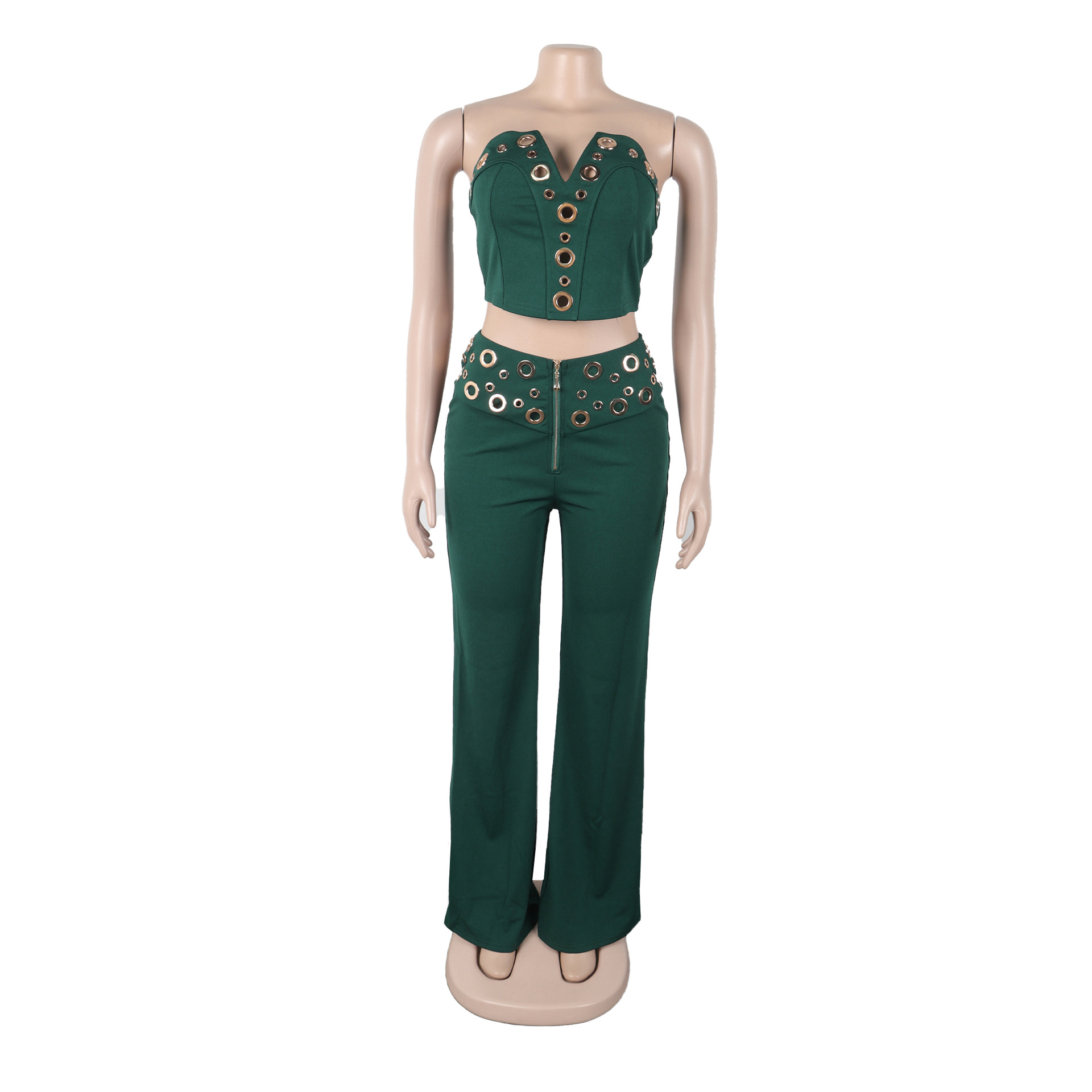 Women elegant elastic metal buckle decorated V-neck Top and Pants two-piece set