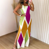 Women summer sleeveless contrast color sexy slit dress