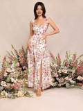 Women Summer Floral Print Square Neck Slit Lace Sexy Dress