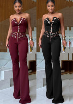 Women elegant elastic metal buckle decorated V-neck Top and Pants two-piece set Women elegant elastic metal buckle decorated V-neck Top and Pants two-piece set