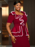 Plus Size Women V-neck ruffled contrast color short sleeve bodycon dress