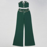 Women elegant elastic metal buckle decorated V-neck Top and Pants two-piece set