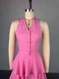 Women summer Halter Neck vest and cake skirt two-piece set